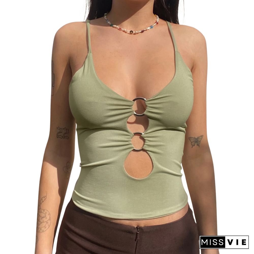 Fashion Trend Sexy Hollow Out Camisole Tops Women Sleeveless V Neck Solid Slim Fit Tank Top Summer Crop Top Streetwear