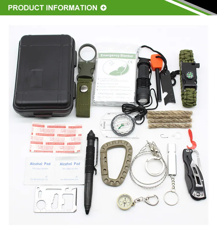 Outdoor multi functional survival equipment outdoor adventure set disaster prevention doomsday tool box whistle flint survival