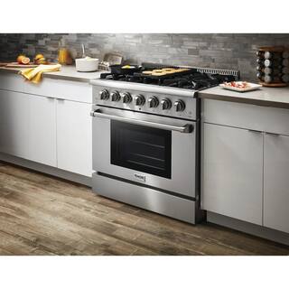 Thor Kitchen 36 in. 5.2 cu. ft. 6 Burner Slide-in Dual Fuel Range with Gas Stove and Electric Oven in Stainless Steel HRD3606U