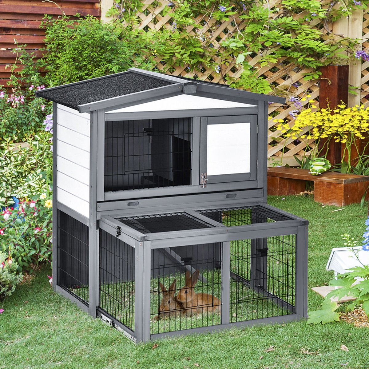 PawHut Deluxe Wooden 2 Story Rabbit Hutch