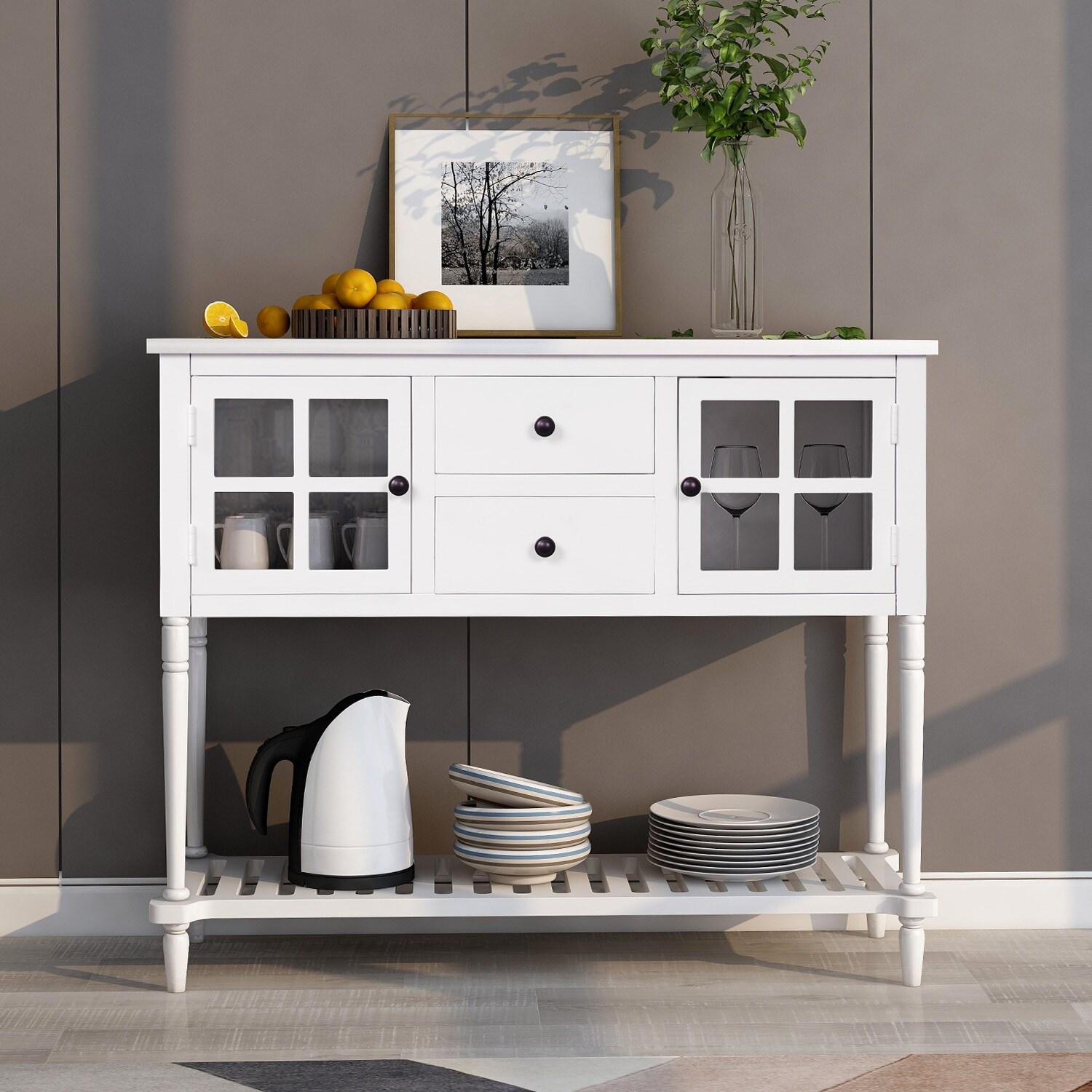 42. in White Sideboard Console Table， Farmhouse Wood/Glass Buffet Storage Cabinet