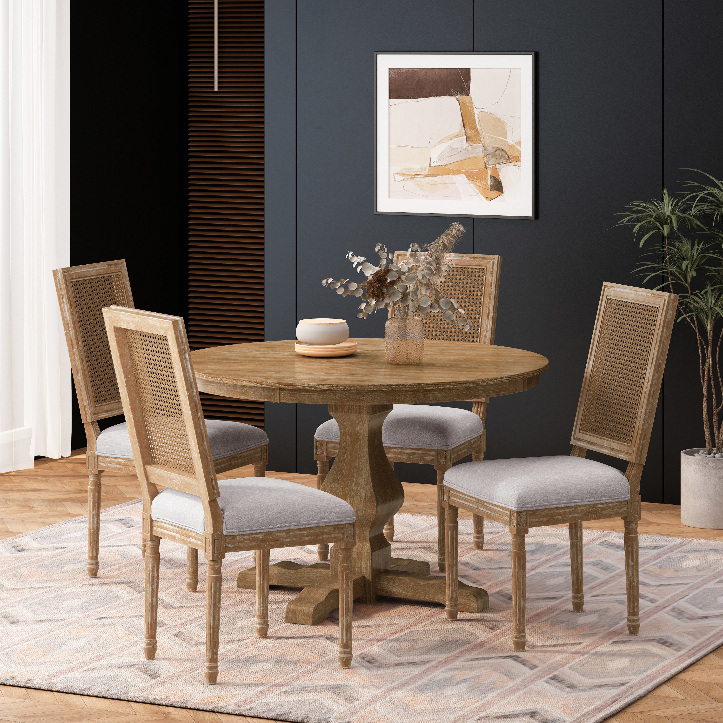 Merlene French Country Fabric Upholstered Wood and Cane 5 Piece Circular Dining Set