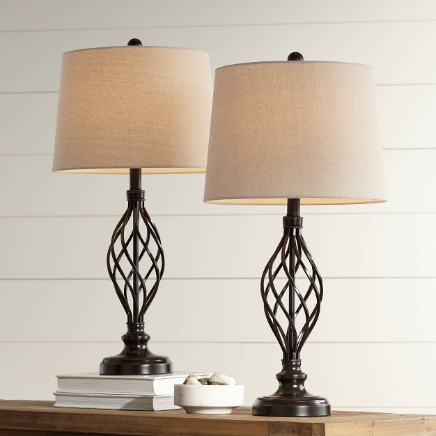 Tall Set Of 2 Bronze Iron Cream Tapered Drum Shade For Bedroom Living Room Nightstand