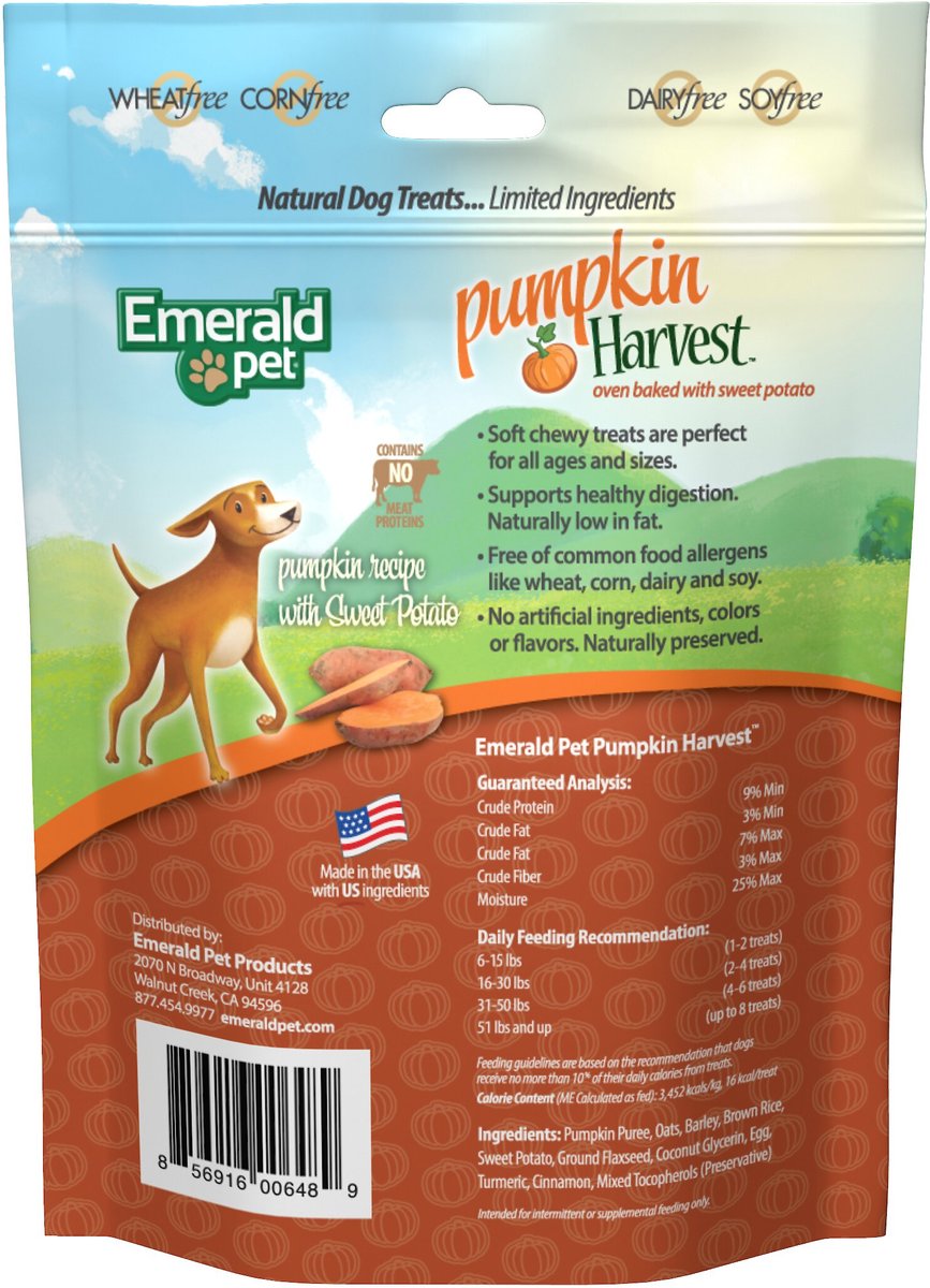 Emerald Pet Pumpkin Harvest Oven Baked With Sweet Potato Chicken-Free Dog Treats， 6-oz bag