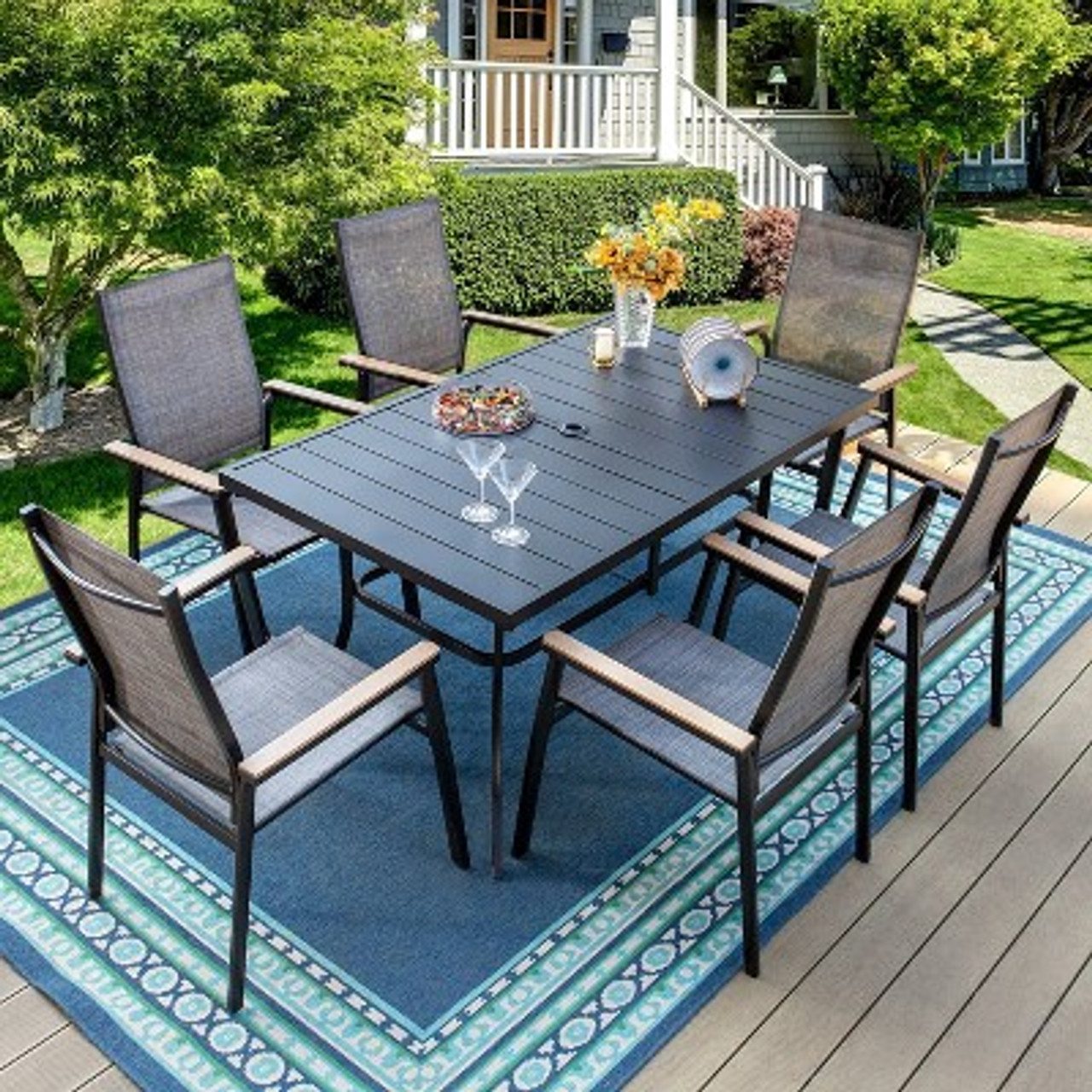 7pc Patio Dining Set with Rectangle Table with 2.6 Umbrella Hole and Aluminum Arm Chairs - Captiva Designs