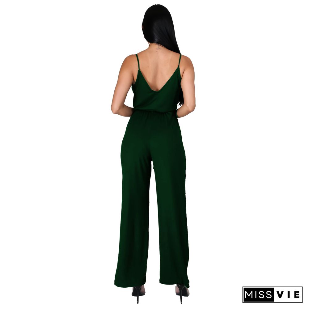 Women Elegant Summer Deep V Neck Sleeveless Solid Color Wide Leg Spaghetti Strap Bandage Jumpsuit