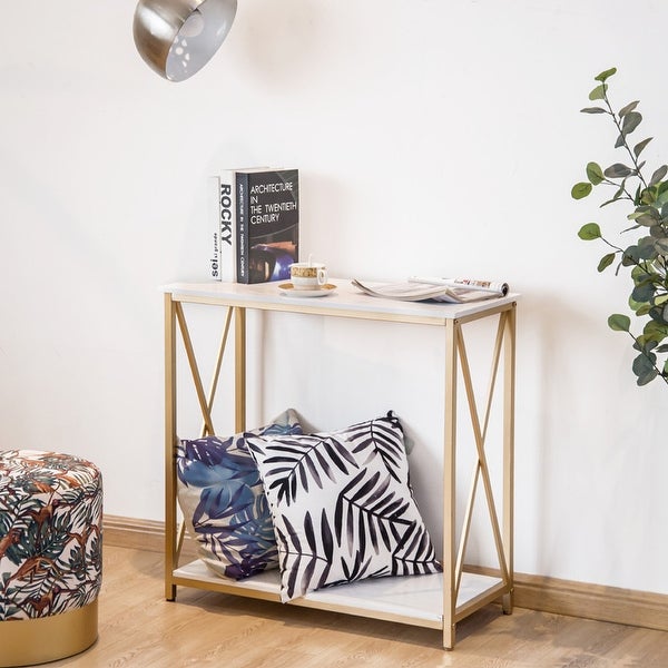 2-Tier Console Entry Table with Faux Marble Top and Gold Metal Frame