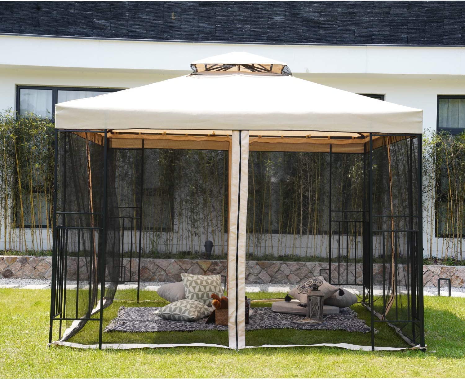 10x10 Ft Patio Gazebo with Mesh Netting Outdoor Canopy for Backyard, Garden, Pool-Side, Beige