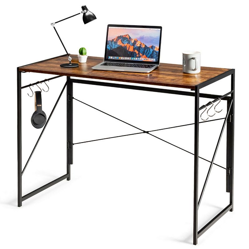 Folding Computer Desk Writing Study Desk Home Office with 6 Hooks