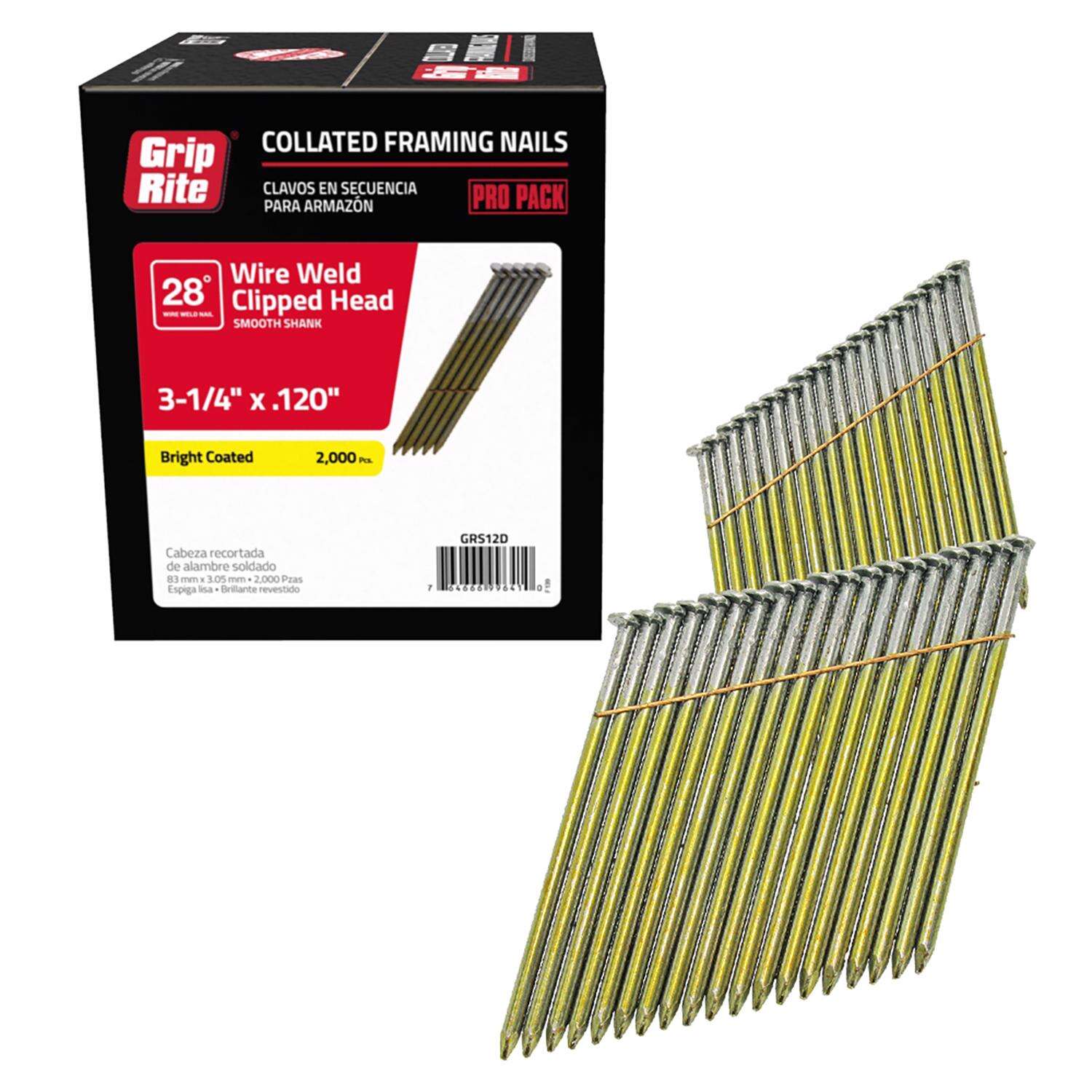 Grip-Rite 3-1/4 in. 11 Ga. Angled Strip Bright Framing Nails 28 deg 2000 pk