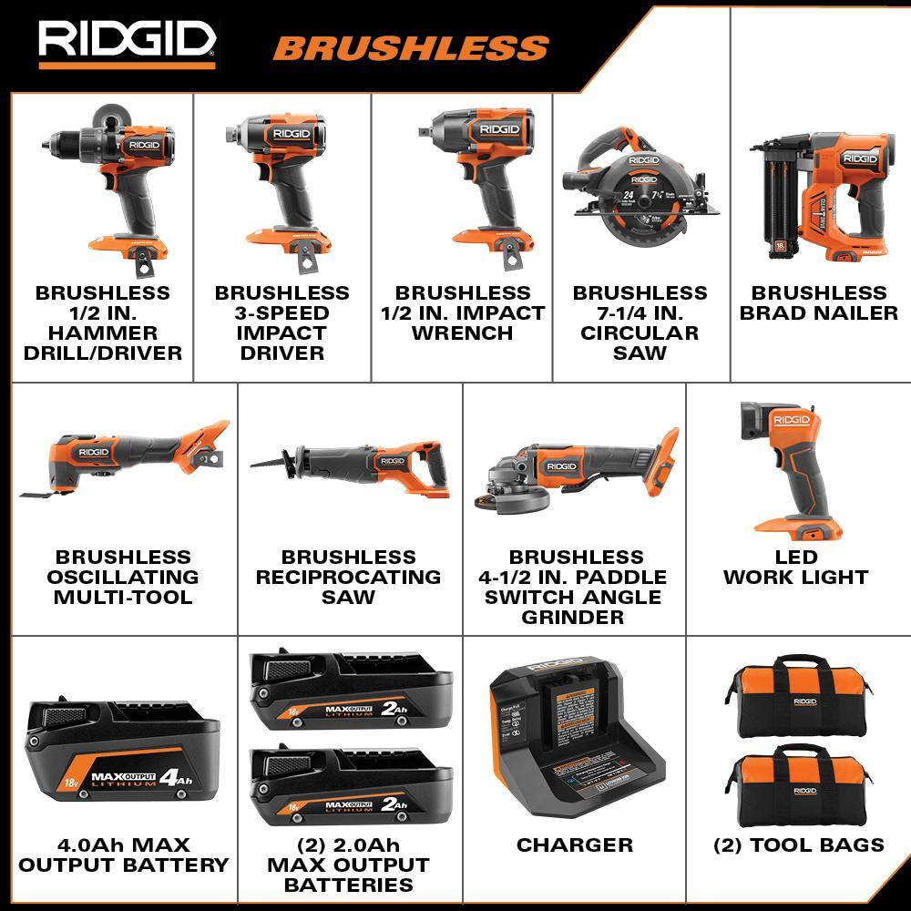 RIDGID 18V Brushless Cordless 9-Tool Combo Kit with (3) MAX Output Batteries Charger Tool Bag  18V 4.0 Ah Battery R96265N-AC87004