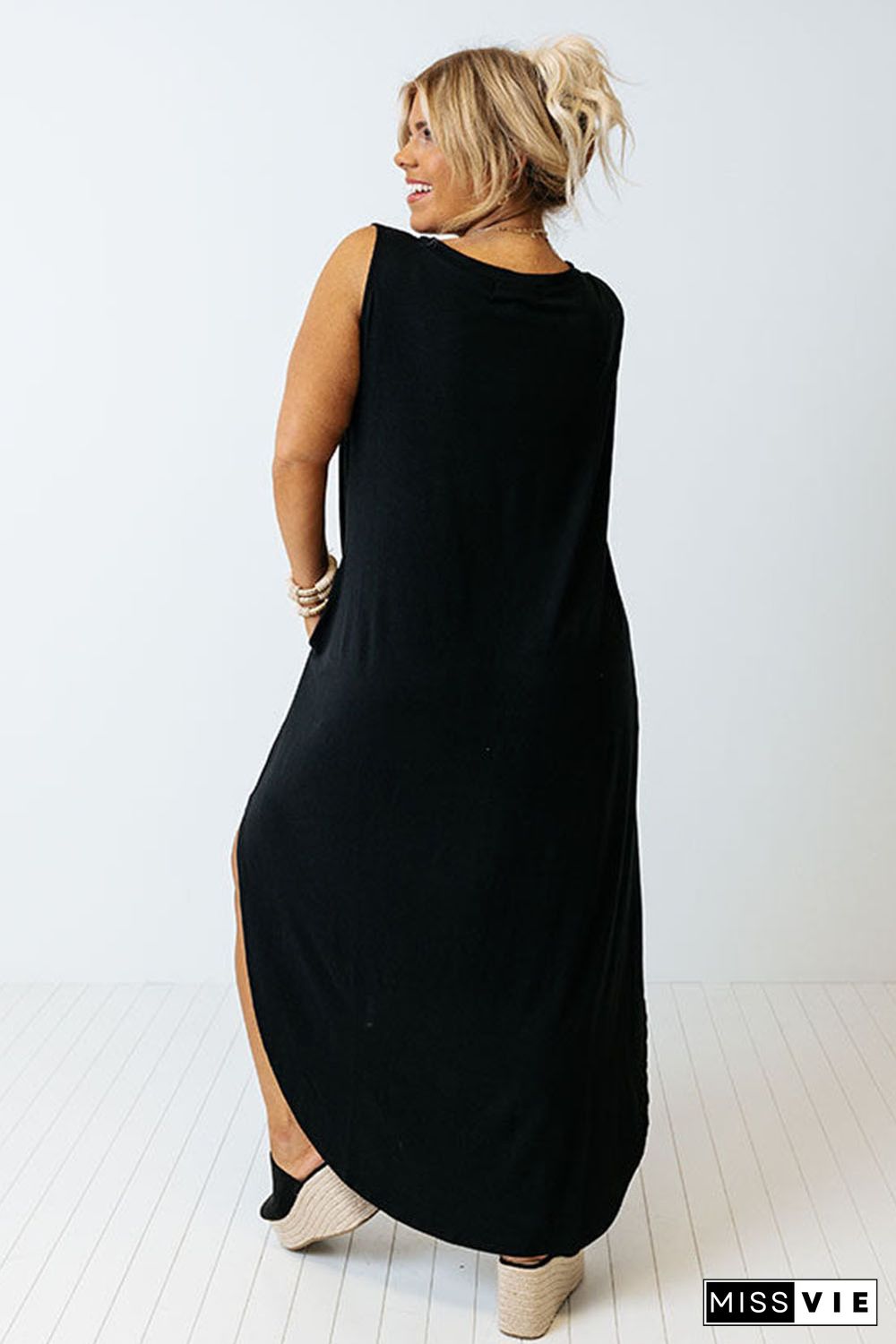 Black Plus Size Wide Sleeveless Shoulder Straps Maxi Dress