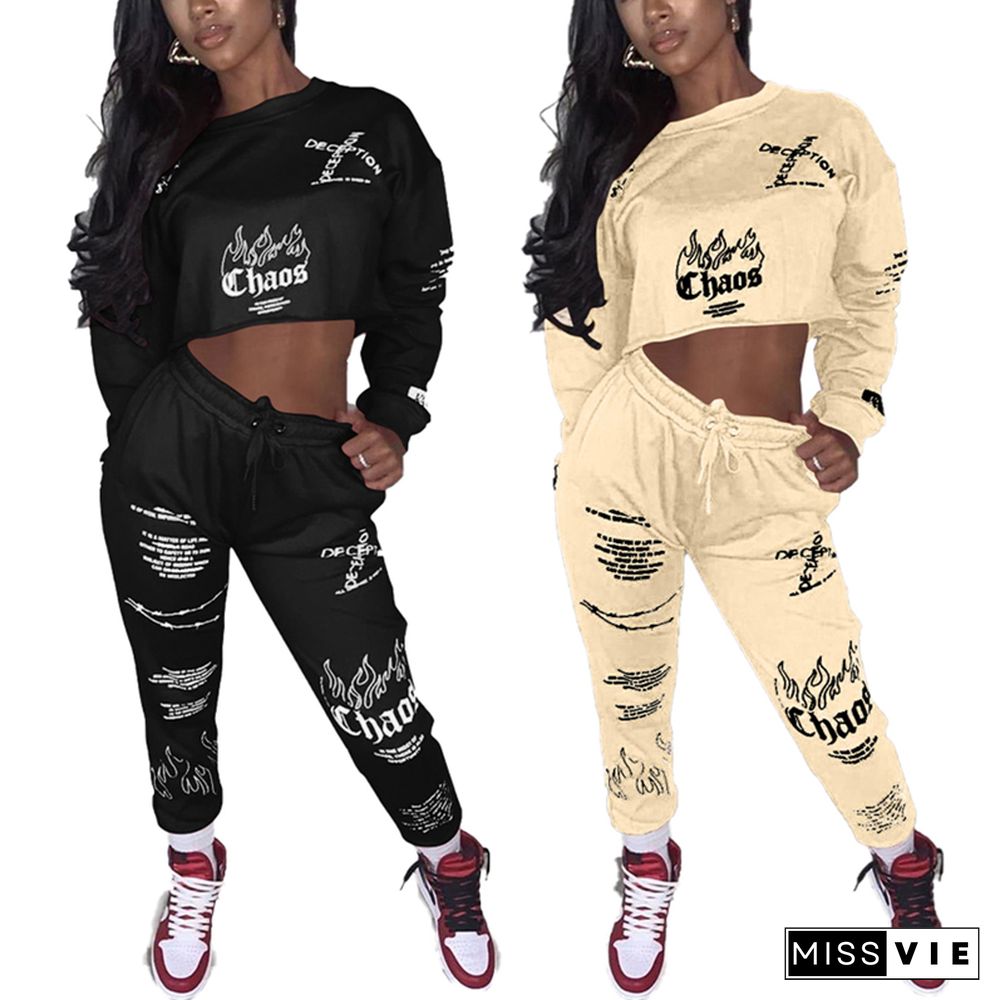 Letter Print Tracksuit For Women Two Piece Set Long Sleeve Crop Top Pants 2 Piece Set For Female Autumn Two Pieces Sets Suits