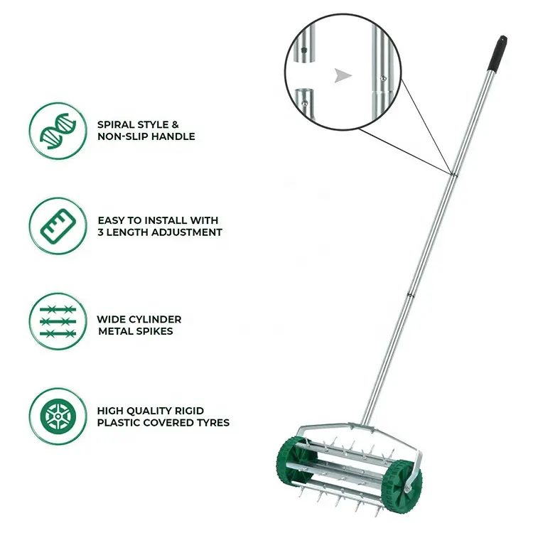 Gardening Tool Rotary Lawn Scarifier Heavy Duty Soil Roller Grass Roller Lawn Aerator Spike with 3 Level Adjustable Handles