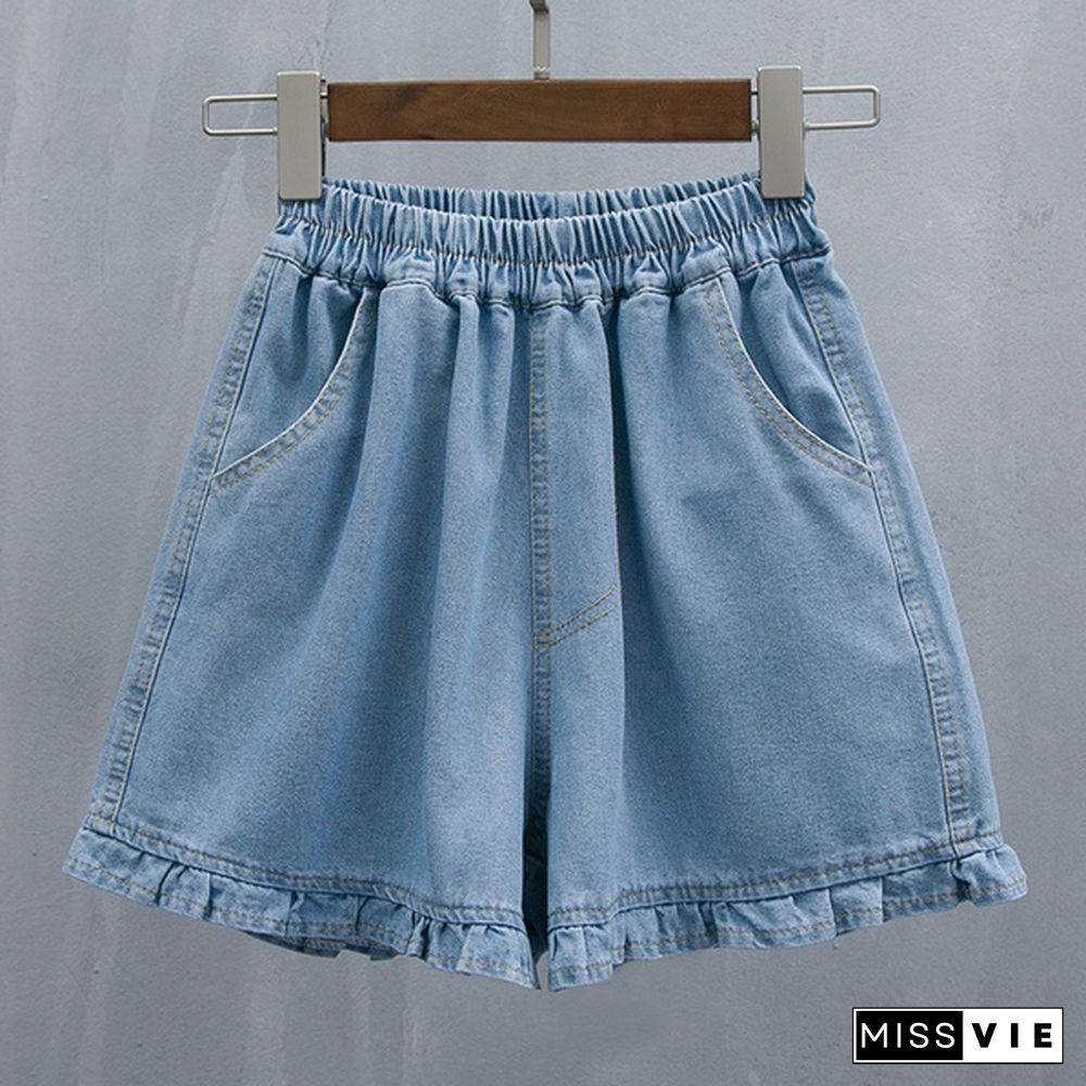 Women Denim Shorts Pants Mini Loose Causal Ruffle Elastic Waist Summer Plus Size