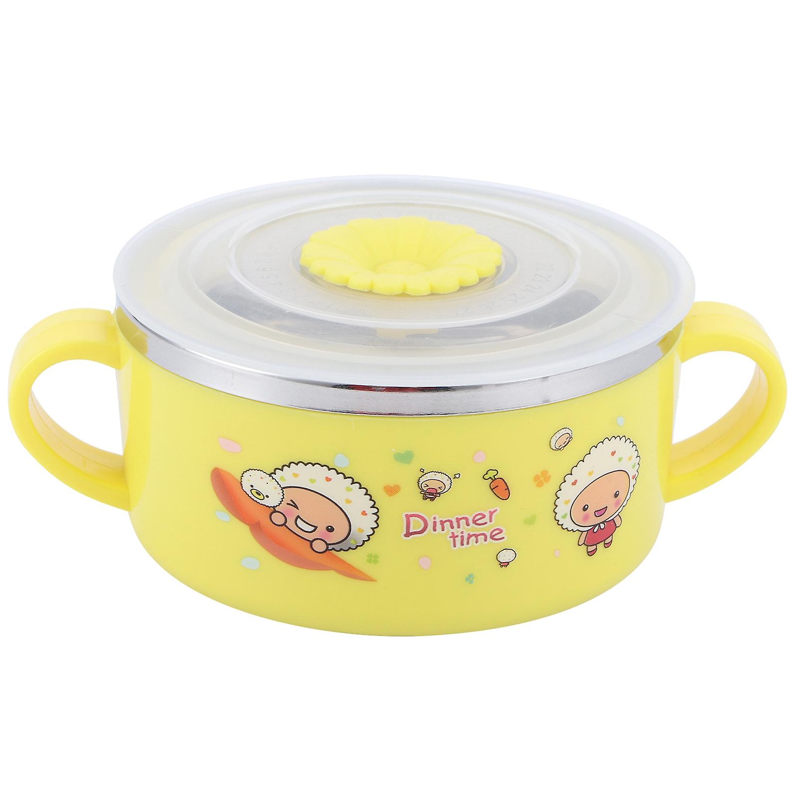 Baby Children Bowl Cartoon 304 Stainless Steel Rice Feeding Bowl with Lid TablewareYellow