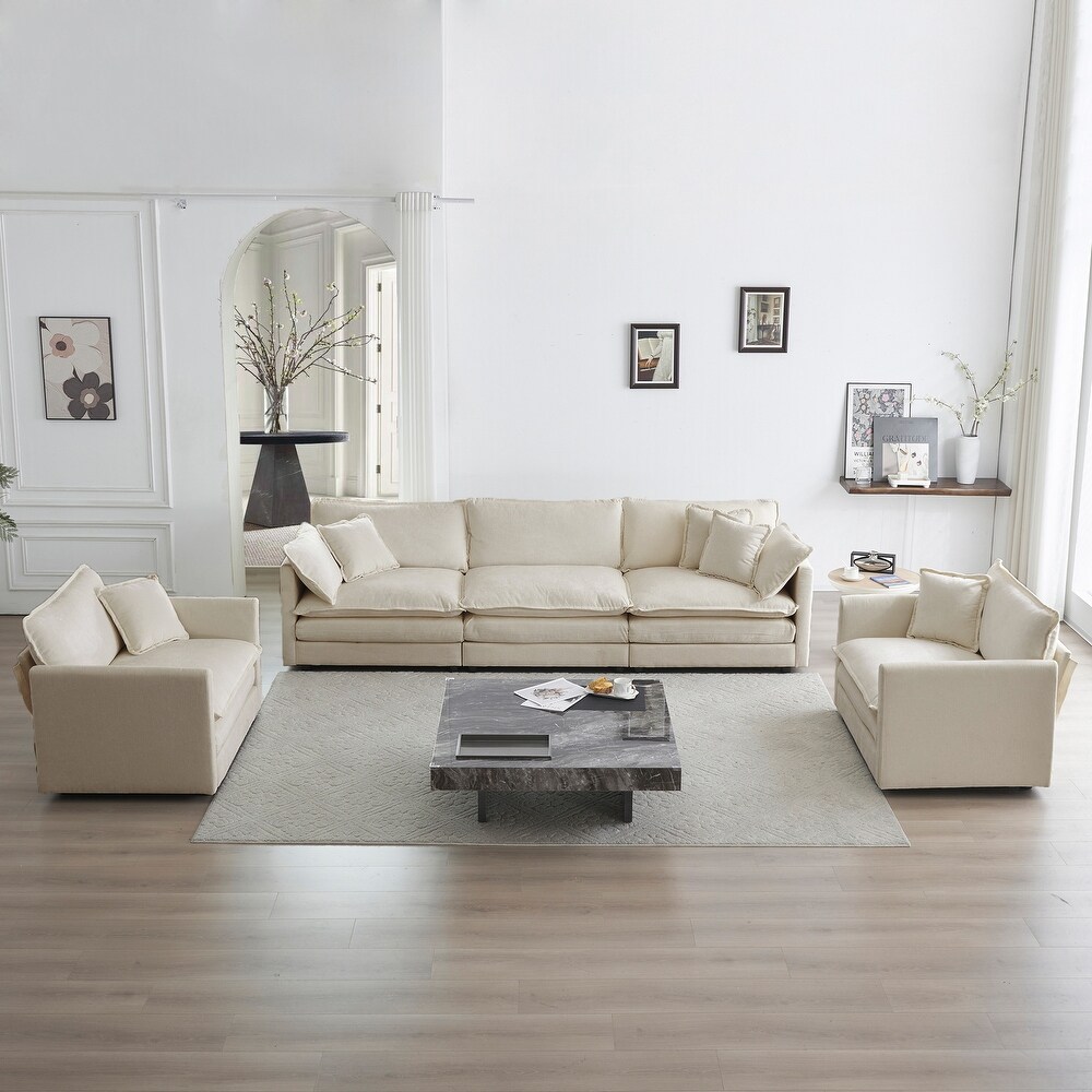 Beige Sofa Set of 3  Chenille Sectional Lounge Loveseat w/ 2pc Chairs