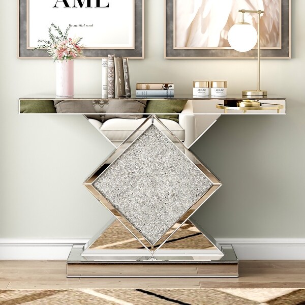 Mirrored Entryway Console Table with Crushed Diamond Inlay