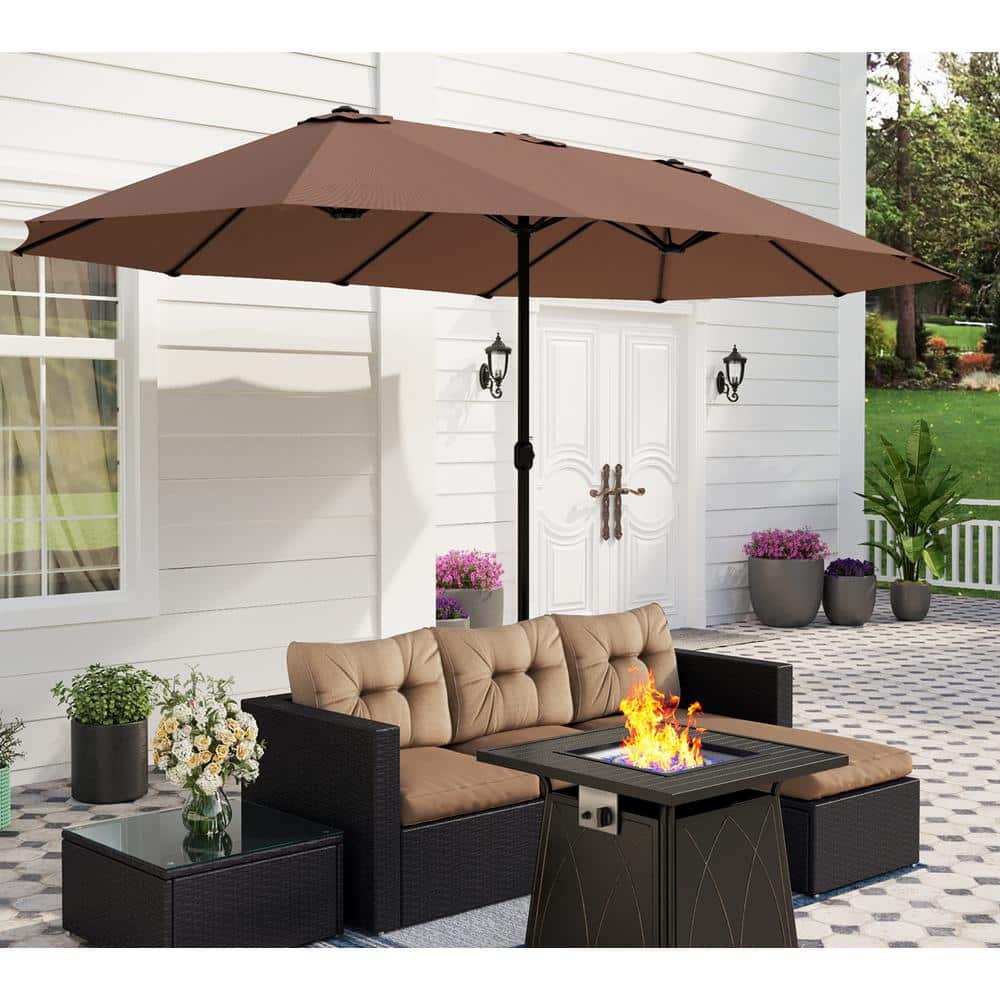 PHI VILLA 15 ft Market Patio Umbrella 2Side in Beige With Base and Sandbags