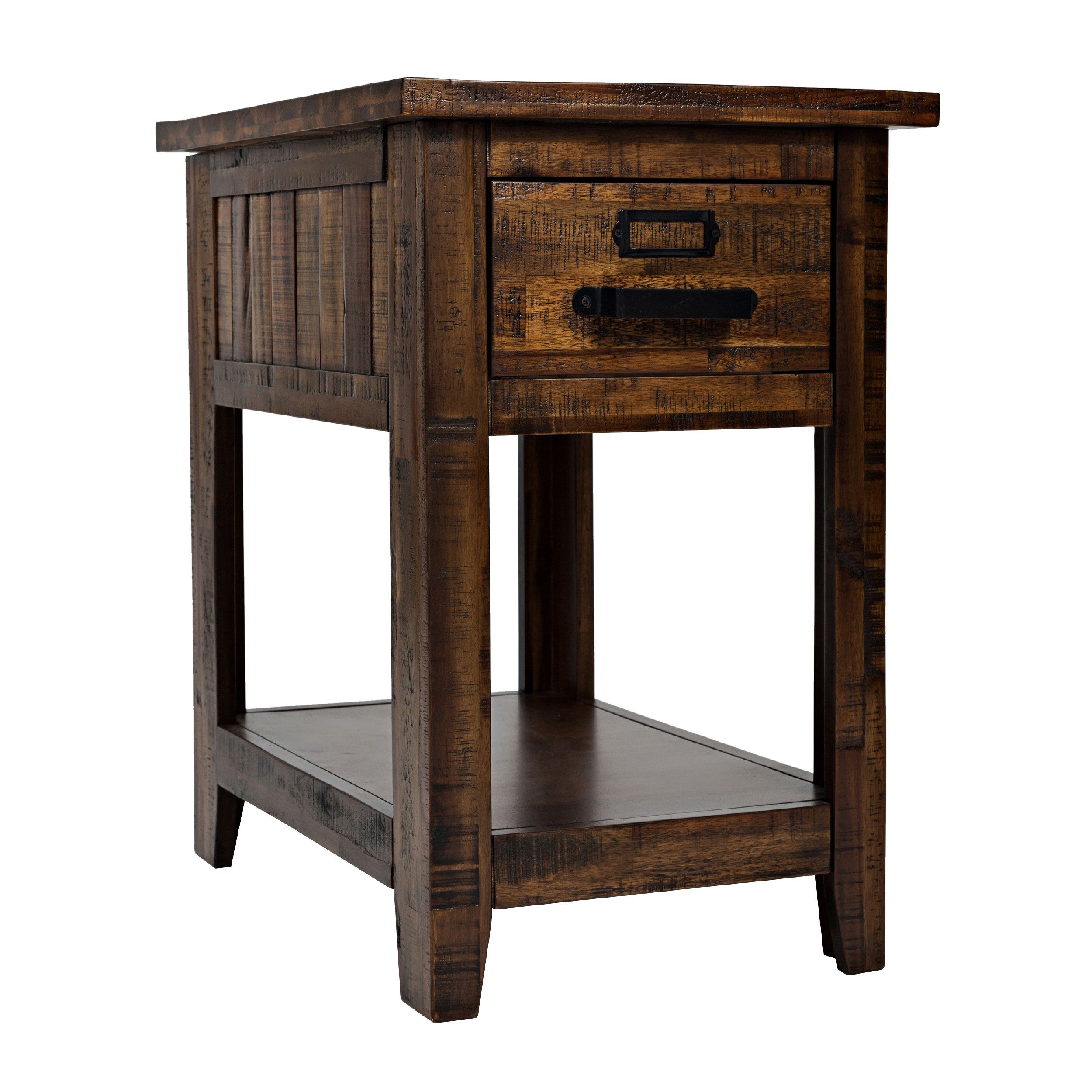 Side Table with 1 Drawer and Plank Style， Rustic Brown