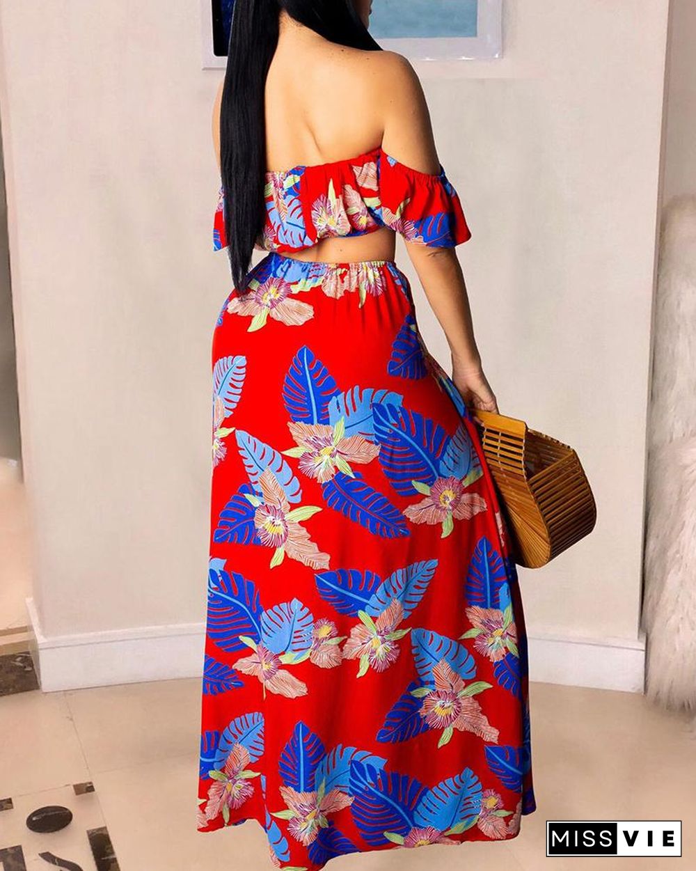 Off Shoulder Tropical Print Crop Top & High Slit Maxi Skirt Set