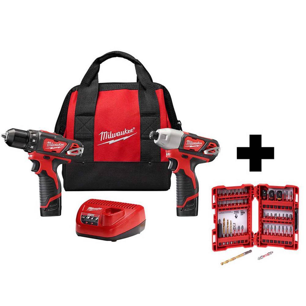 MW M12 12V Lithium-Ion Cordless Drill DriverImpact Driver Combo Kit (2-Tool) with SHOCKWAVEDriver Bit Set (50-Piece) 2494-22-48-32-4024