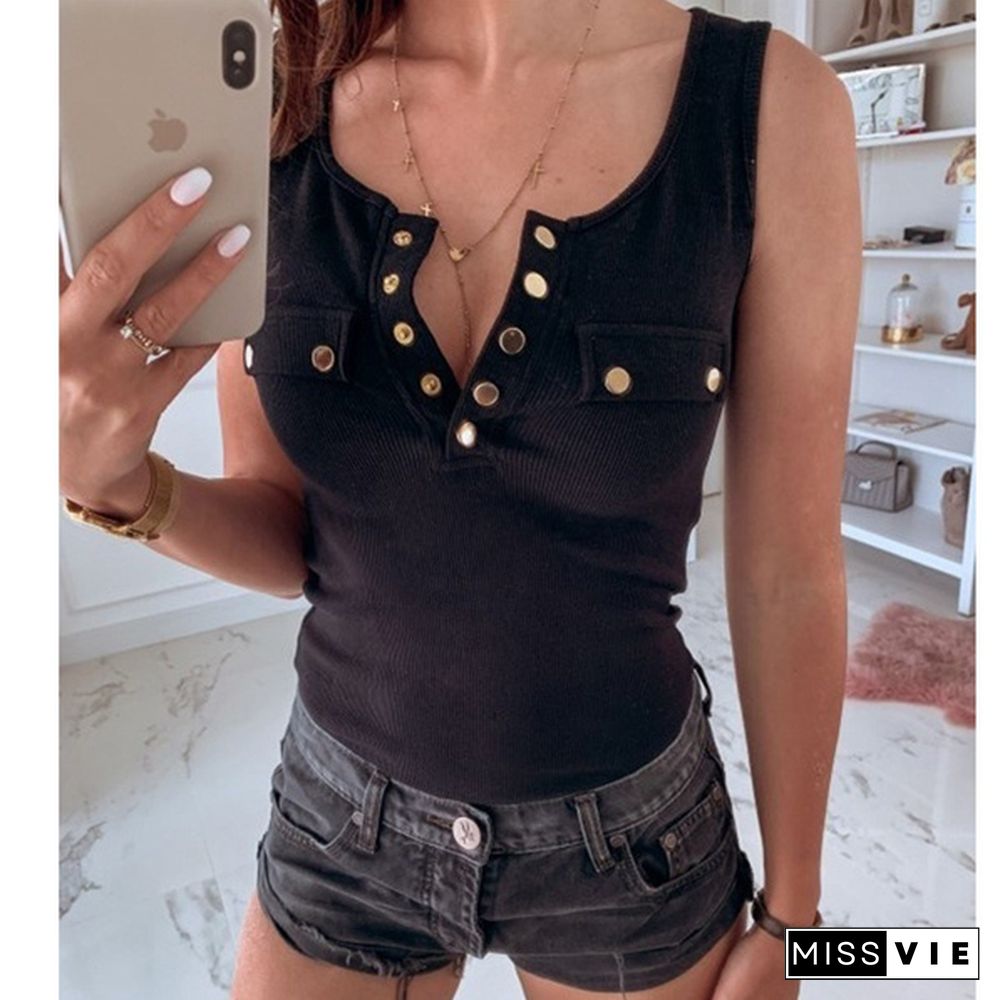 XS-8XL Summer Tops Plus Size Fashion Clothes Women's Casual V-neck Button Up Shirts Solid Color Off Shoulder Blouses Ladies Cotton Slim Fit Vest Sleeveless Tank Tops