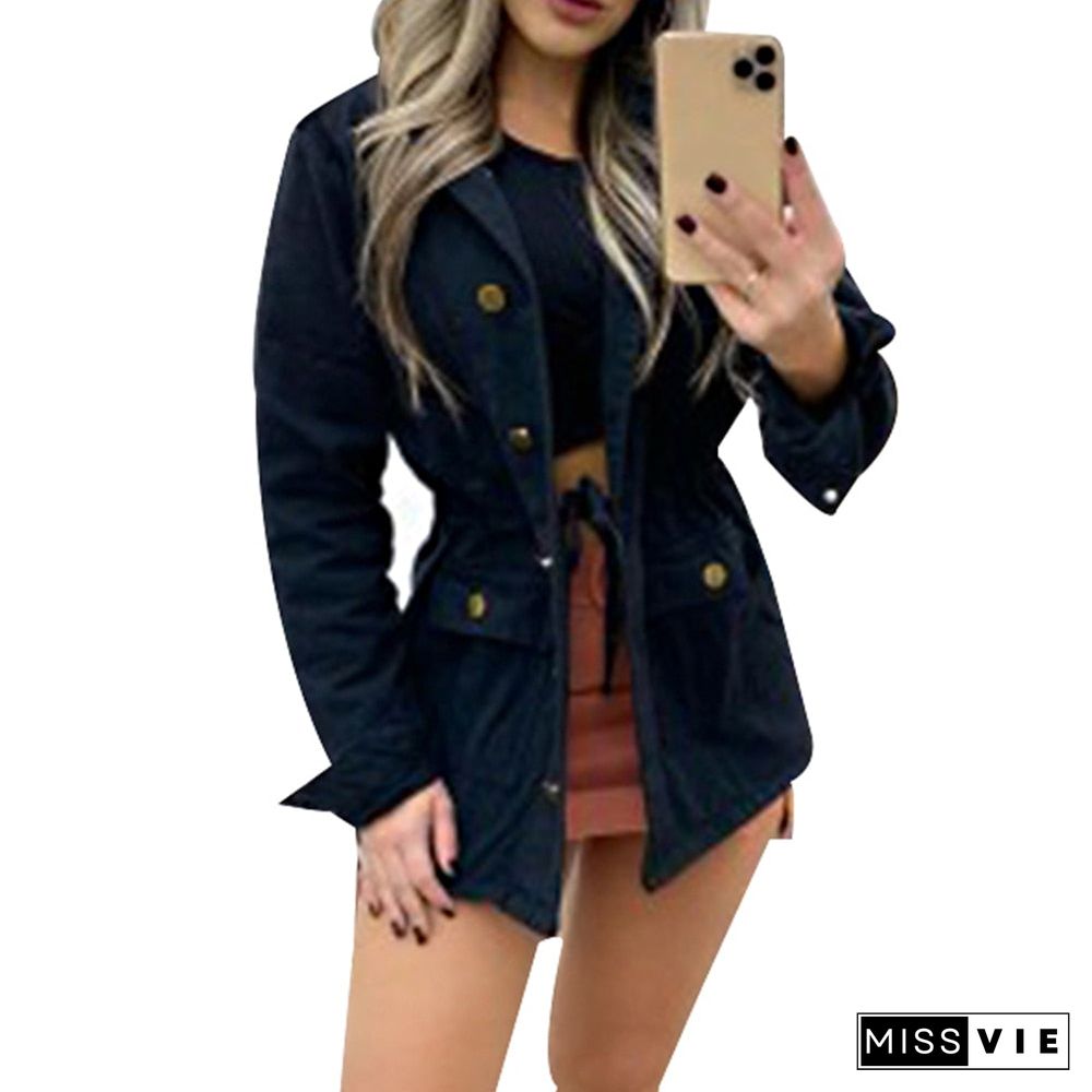 Sale Women Button Coat Office Lady Fall Jacket Slim Pocket Elegant Outwear Vintage Jacket Drawstring Streetwear Winter Coats Q30