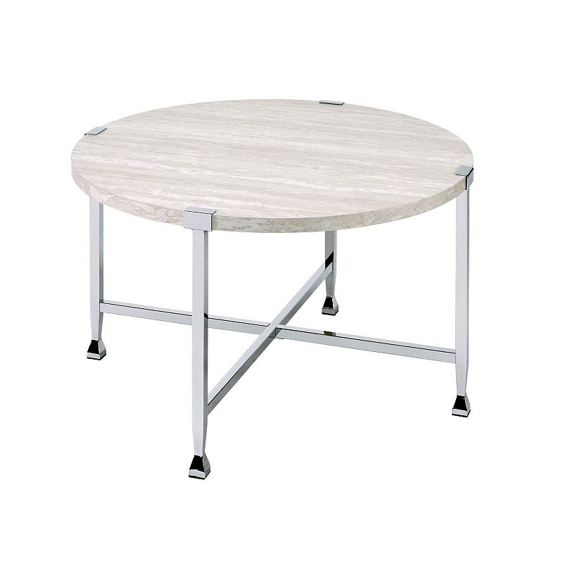 Coffee Table with X Shaped Metal Base and Round Wooden Top，Silver and Beige