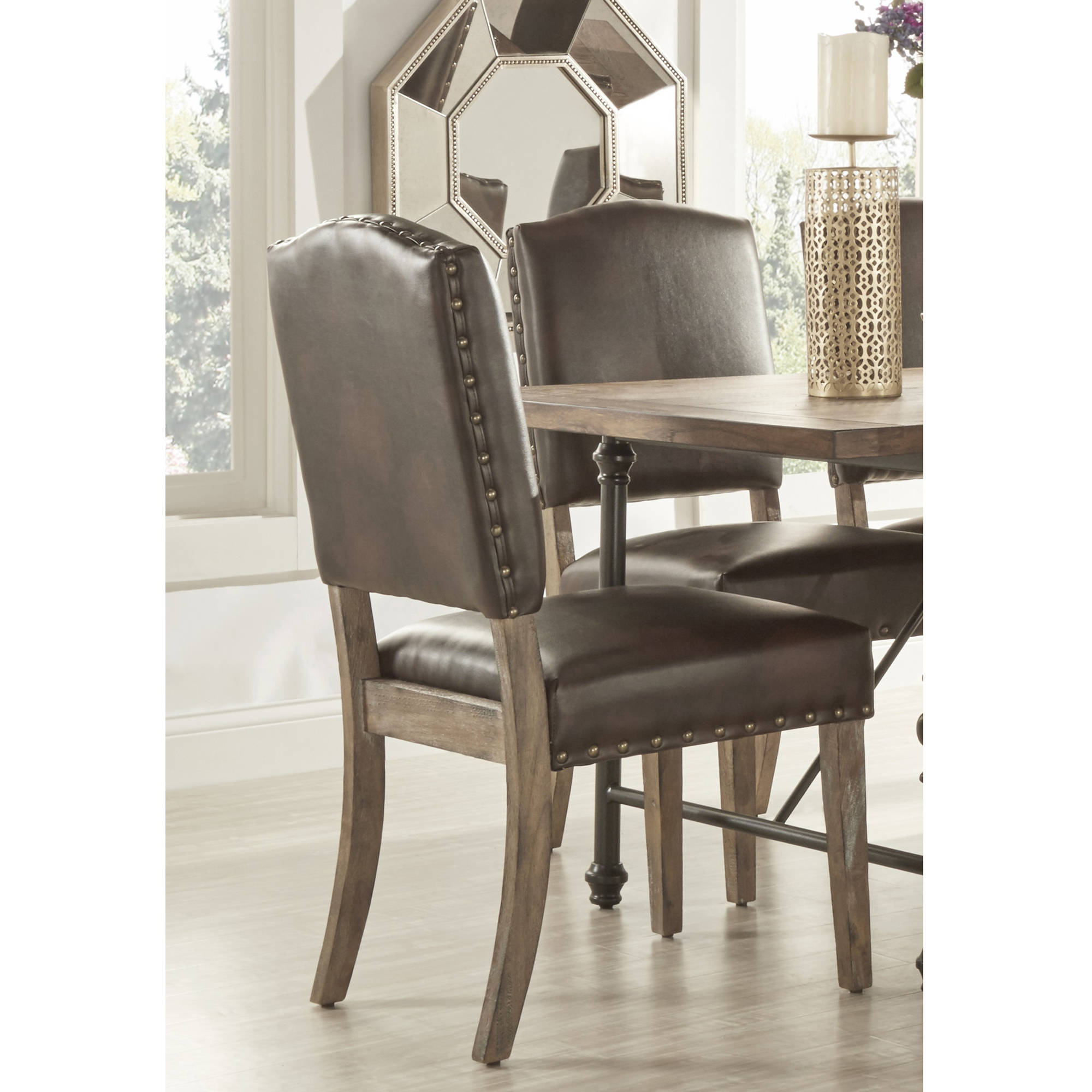 Weston Home Nailhead Upholstered and Wood Dining Chair， Set of 2， Brown Faux Leather