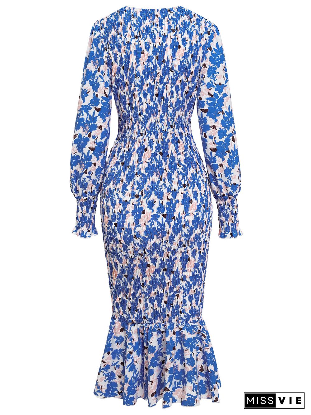 Wrap V Neck Pleated Fishtail Puffy Sleeves Midi Floral Dress