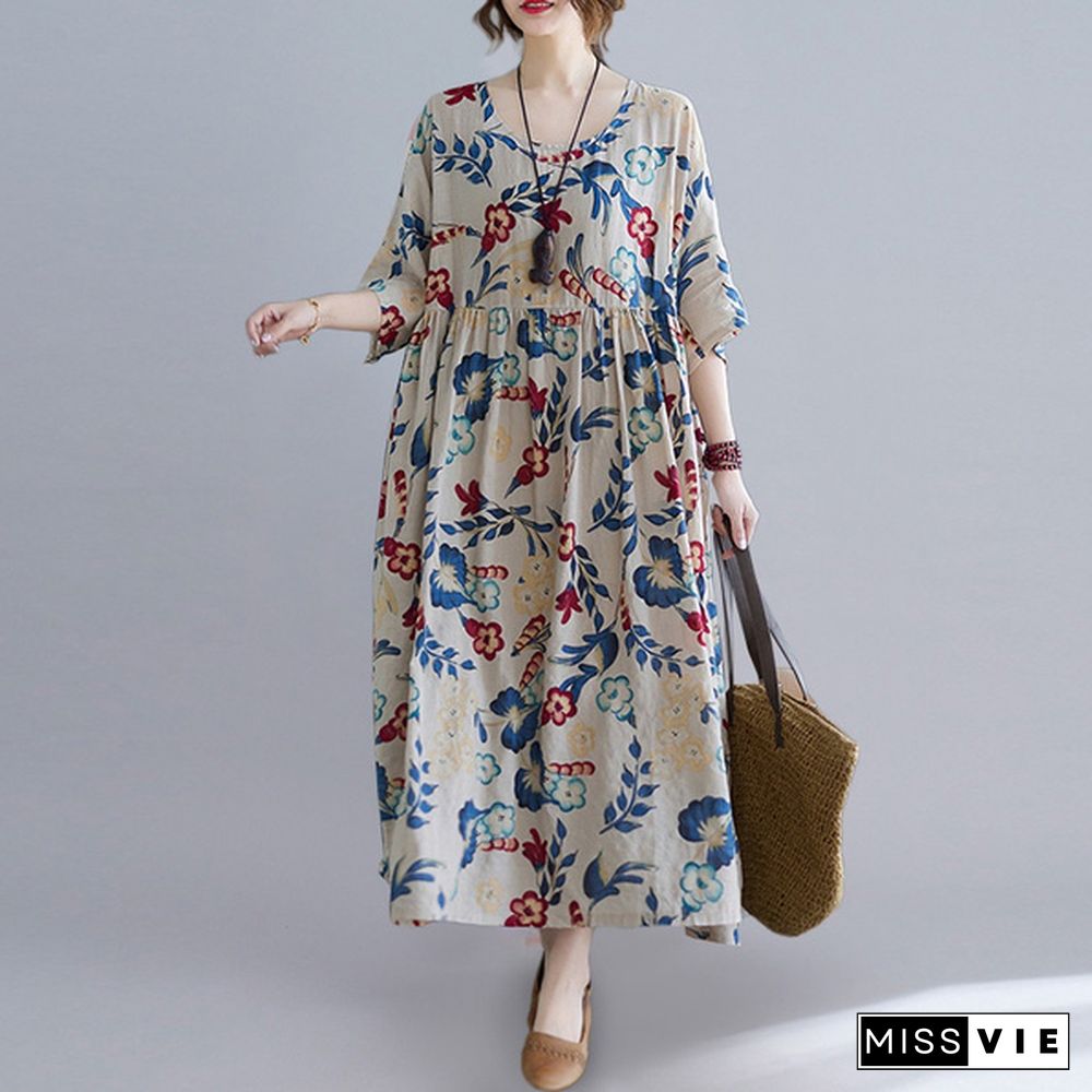 Women Summer Short Sleeve Floral Printed Sundress Casual Loose Long Dress