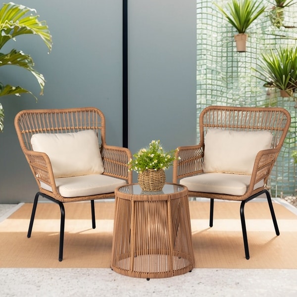 3 Piece Outdoor Wicker Conversation Bistro Set，AllWeather Rattan Furniture Patio Chairs Set with Cushions