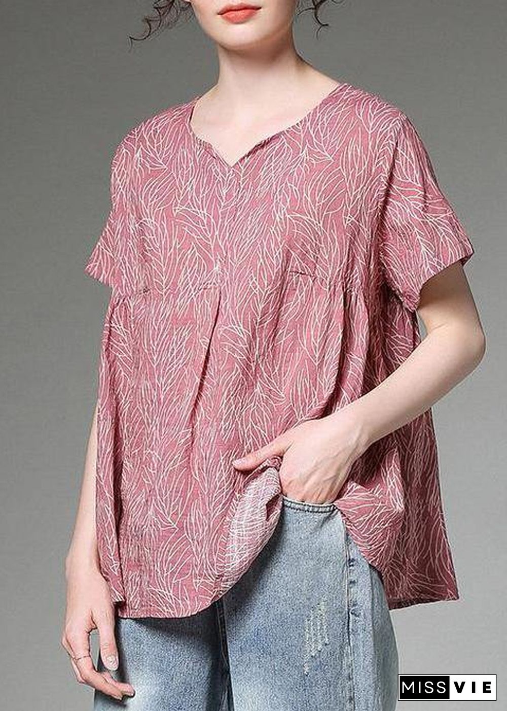 Classy linen clothes For Women Fashion Split Neck red Printed Pleated Short Sleeve T-Shirt