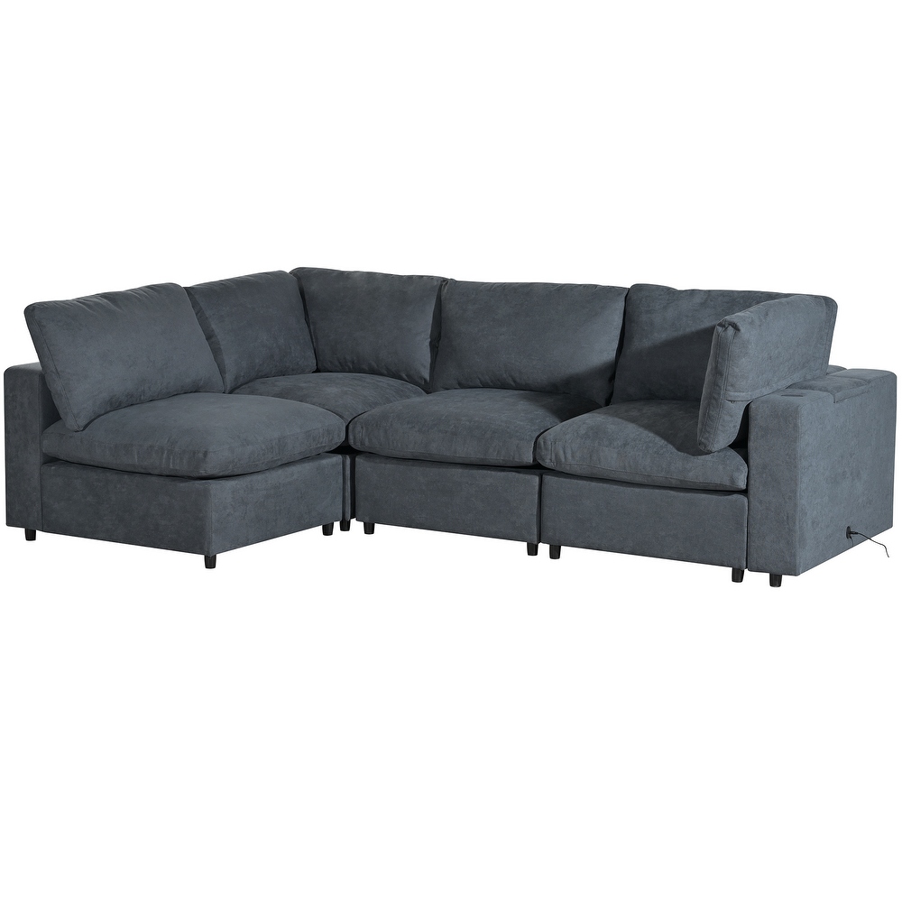 Built in Bluetooth Upholstered Sofa Movable Sectional Sofa Set with USB Charge Ports and Removable Cushions for Living Room