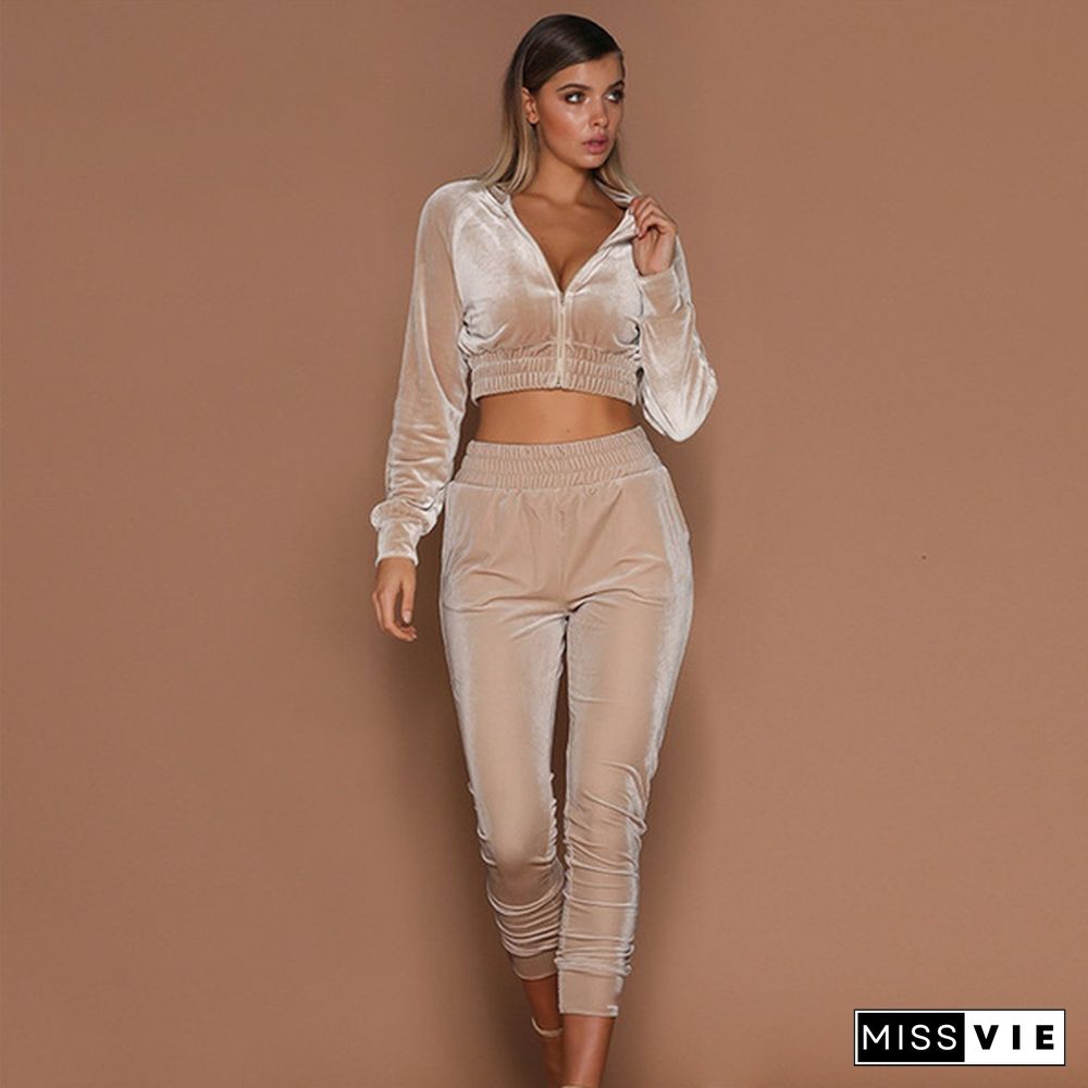 Women Outfits Suits Velvet Long Sleeve Two Piece Set Zip Elastic Waist Casual Sportswear Hoodie Pants Pink Tracksuit