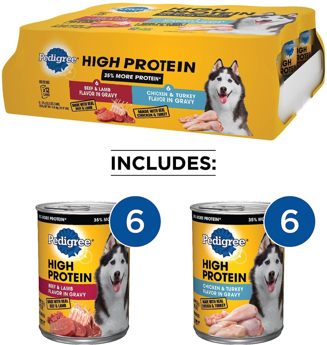 Pedigree High Protein Beef and Lamb Flavor in Gravy and Chicken and Turkey Flavor in Gravy Variety Pack Canned Dog Food， 13.2-oz can， case of 12