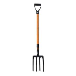 Husky 28 in. Short Wood Handle 4-Tine Spading Fork with D -Grip 618034