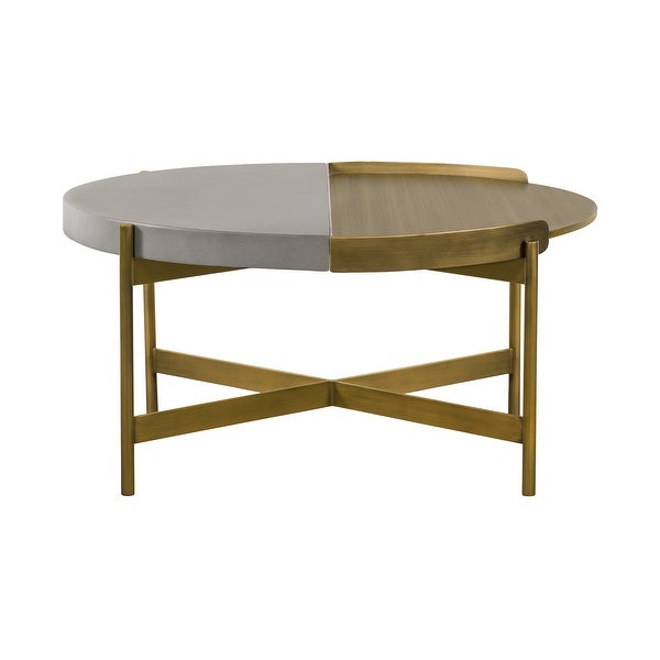 Concrete Coffee Table with X shape Base， Gray and Gold