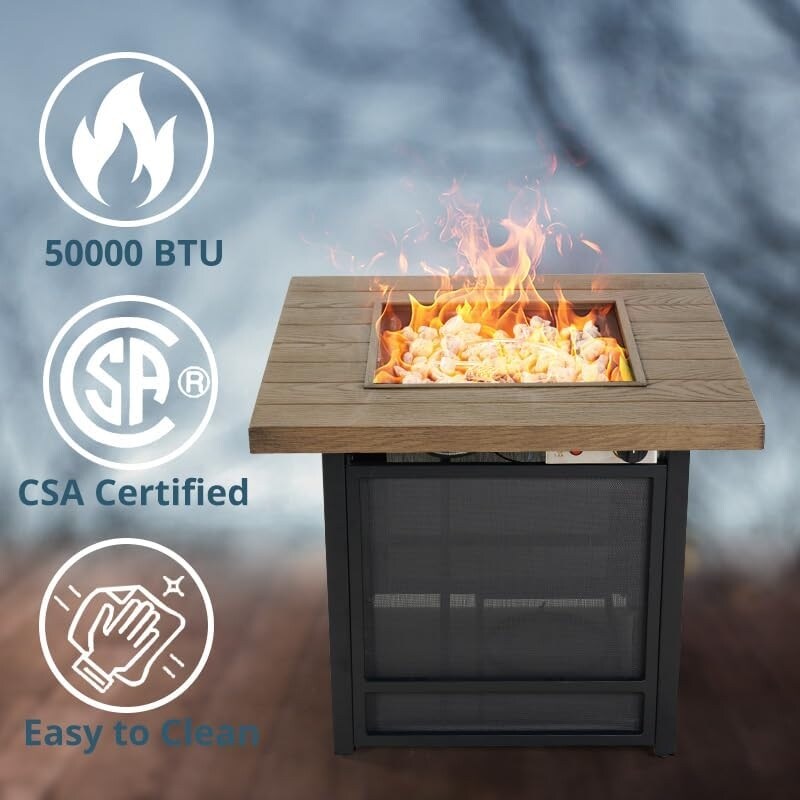 30 Inch Fire Pit Table  Propane Firepit Outdoor Gas Fire Pits Clearance  50 000 BTU with Woodgrain Tabletop  Lid  Lava Rocks