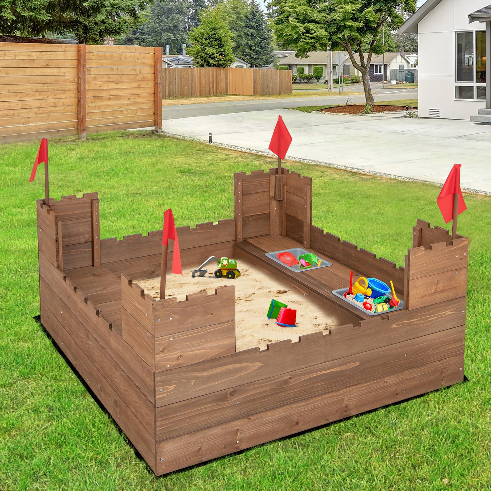 Costzon Cedar Wood Sandbox, Outdoor Sandpit w/Built-in Bench Seats