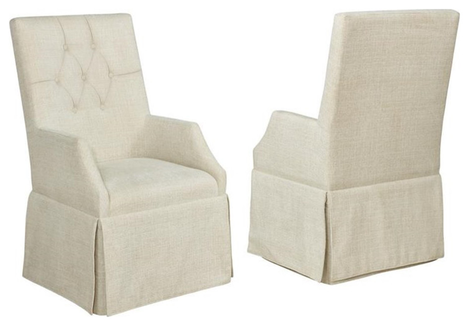 Beige Linen Fabric Dining Arm Skirt Chairs with Tufted Seat Backs (Set of 2)   Transitional   Dining Chairs   by Homesquare  Houzz