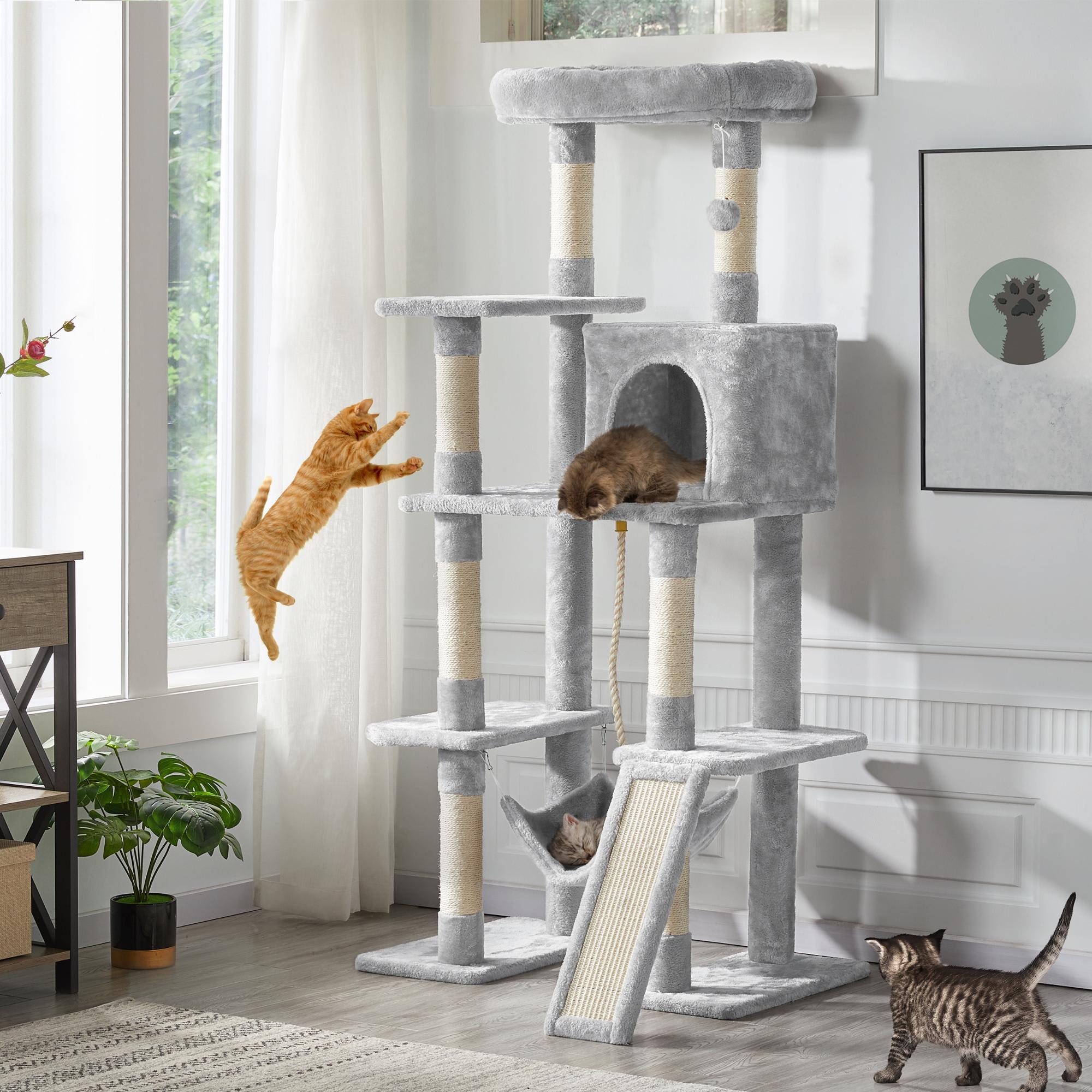 Topeakmart Light Gray 4-Level Plush Cat Tree with Hammock for Kittens， 63