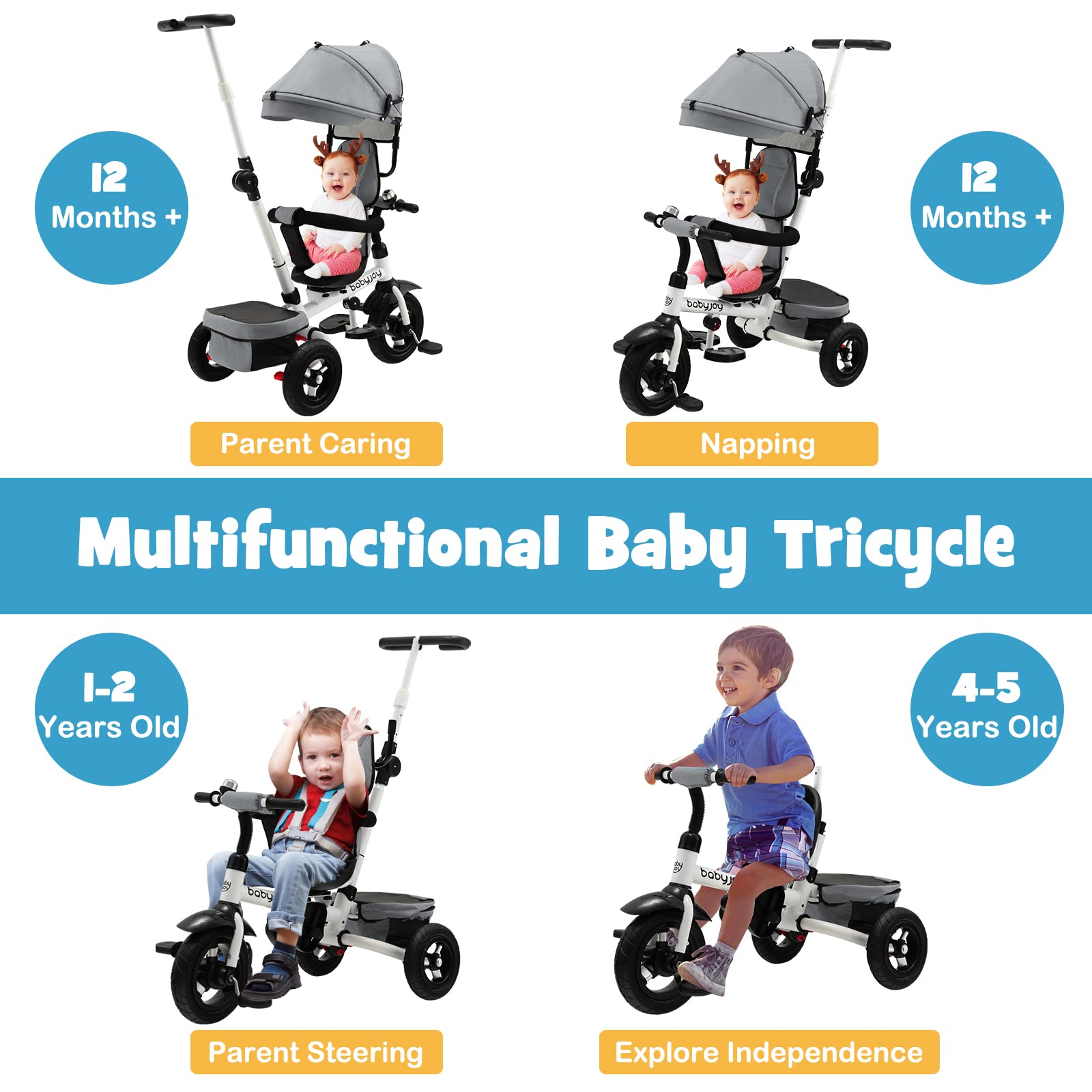 Costzon Tricycle, 4 in 1 Toddler Bike w/ Removable Push Handle, Bell, Reversible Seat, EVA Wheel