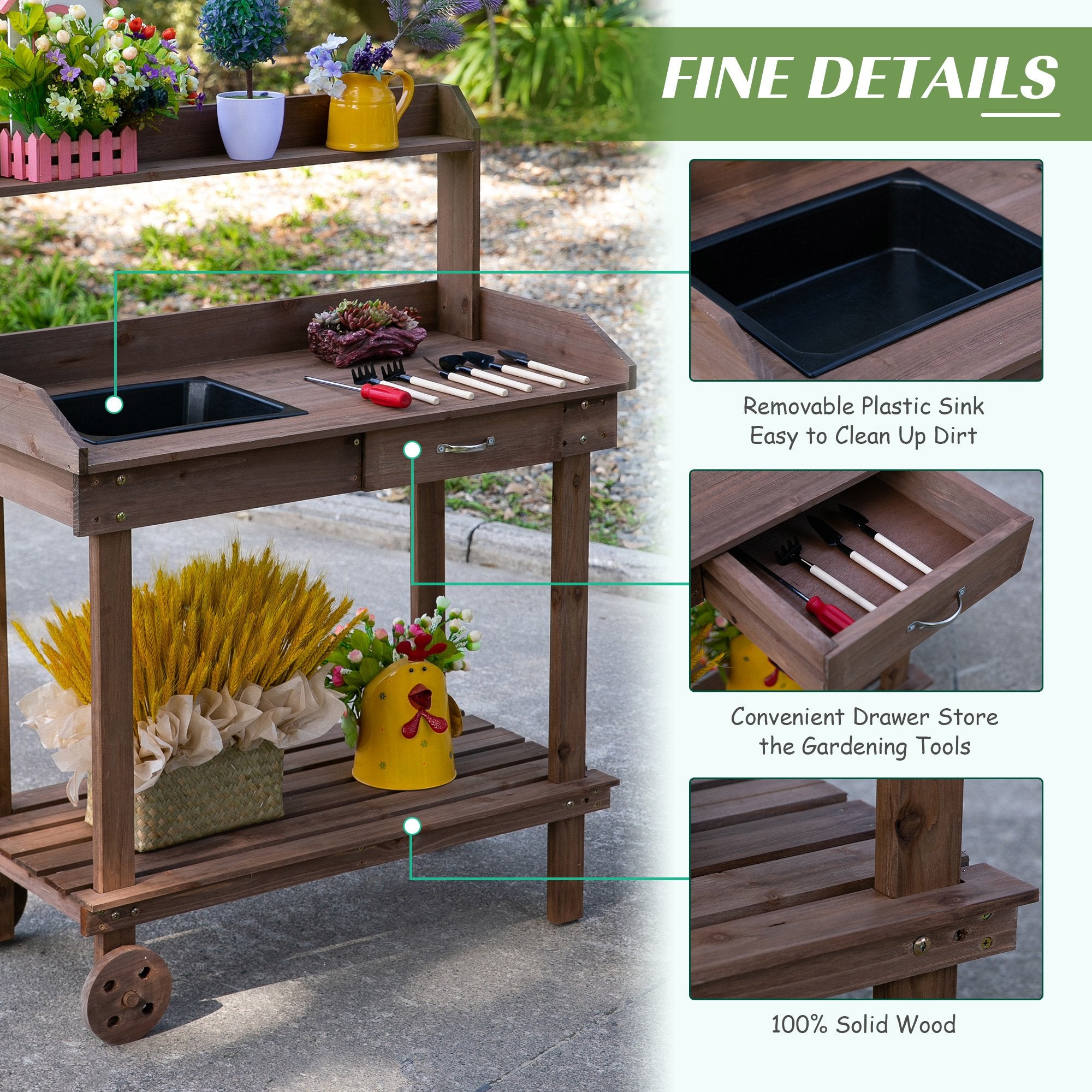 ametoys 36" x 18" x 47'' Gardening Workbench with 2 Removable Wheels & Large Storage Spaces Wooden Potting Bench Work Table - Brown