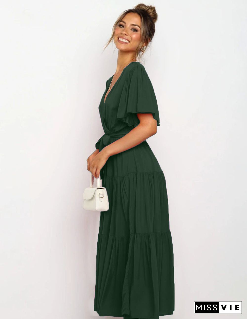 V Neck Tie Waist Short Sleeve Maxi Dress