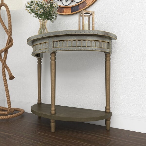 Beige Wood and Iron Metal Half Moon Farmhouse Console Table