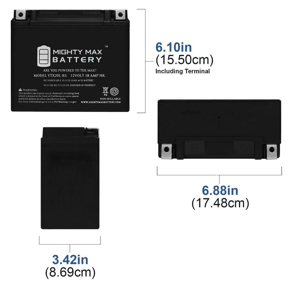 MIGHTY MAX BATTERY 12-Volt 18 Ah 270 CCA Rechargeable Sealed Lead Acid (SLA) Powersport Battery YTX20L-BS