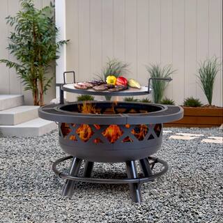 26 in. H Outdoor Steel Black Fire Pit with Adjustable Cooking Grid 5511