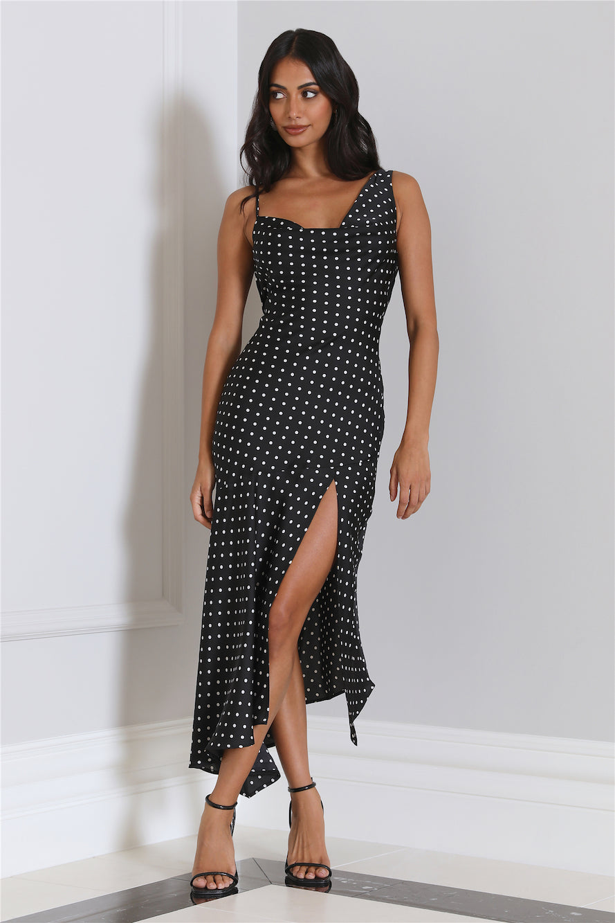 HELLO MOLLY Dotted Moment Satin Polka Dot Midi Dress Black